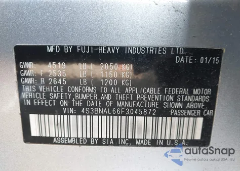 2015 Subaru Legacy 2.5I Limited из США, поврежденный, VIN 4S3BNAL66F3045872